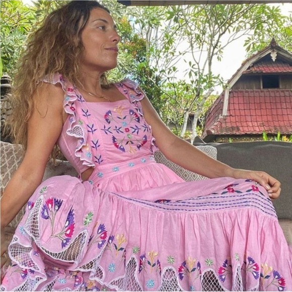 Celia B Midi Dress size L Wild Rose tiered ruffle criss cross back resort - Picture 2 of 12